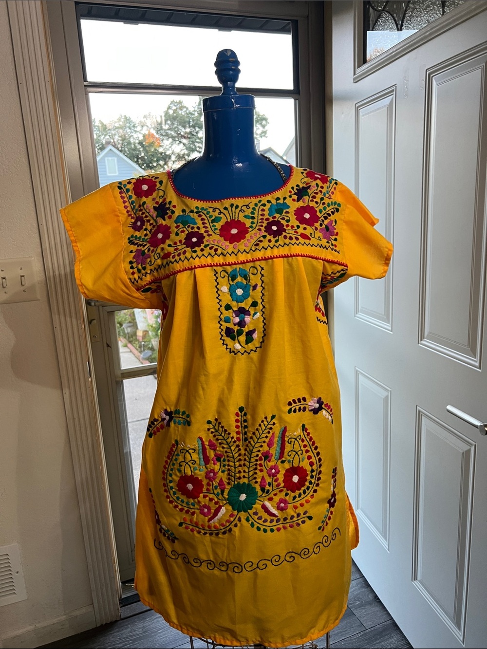 WomensYellow Embroidered Mexican-Style Dress